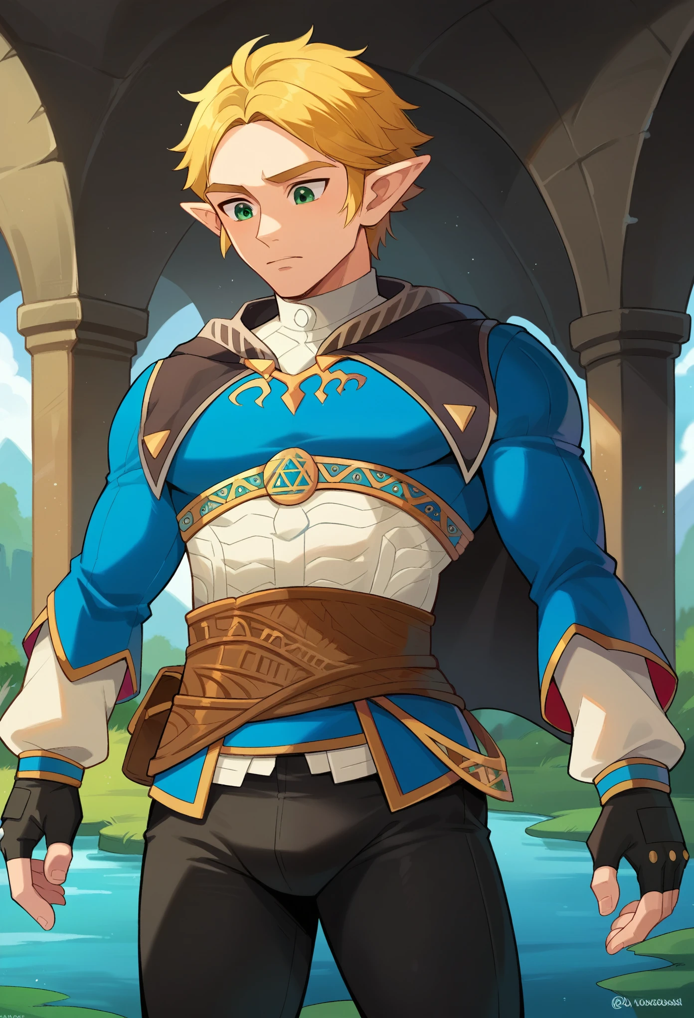 score_9, score_8_up, score_7_up, 1boy, solo, male focus, ZeldaSDXL, princess zelda, short hair, bangs, parted bangs, blonde hair, green eyes,pointy ears, black capelet, blue shirt, puffy sleeves, long sleeves, fingerless gloves, black gloves, black pants, tight pants, intrigued face, looking down, inside a cave, lake, shining water