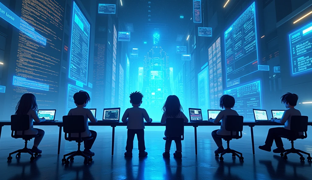Créez une image représentant un fond inspiré de l'univers de Roblox avec un thème de développeur. Le décor doit être centré autour du métavers, avec des éléments modernes et futuristes, principalement dans des tons de bleu. Incluez des hologrammes, des interfaces utilisateur flottantes, et des lignes de code qui défilent en arrière-plan. Ajoutez des silhouettes ou des avatars de développeurs travaillant sur des consoles ou des ordinateurs, intégrant l'aspect créatif de Roblox. L'ambiance générale doit évoquer l'innovation et la technologie avancée, tout en restant dans l'esprit ludique de Roblox.