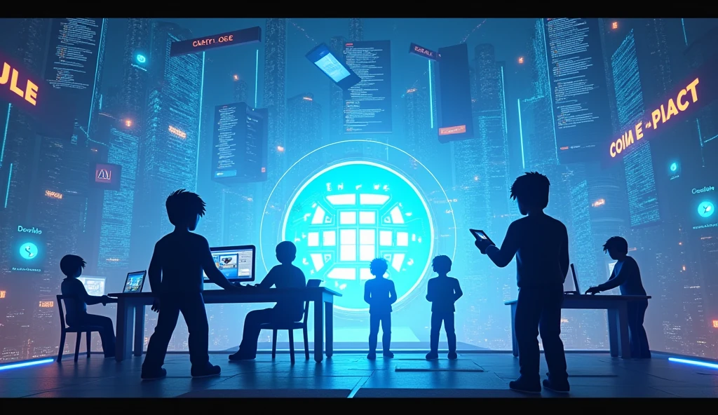 Créez une image représentant un fond inspiré de l'univers de Roblox avec un thème de développeur. Le décor doit être centré autour du métavers, avec des éléments modernes et futuristes, principalement dans des tons de bleu. Incluez des hologrammes, des interfaces utilisateur flottantes, et des lignes de code qui défilent en arrière-plan. Ajoutez des silhouettes ou des avatars de développeurs travaillant sur des consoles ou des ordinateurs, intégrant l'aspect créatif de Roblox. L'ambiance générale doit évoquer l'innovation et la technologie avancée, tout en restant dans l'esprit ludique de Roblox.