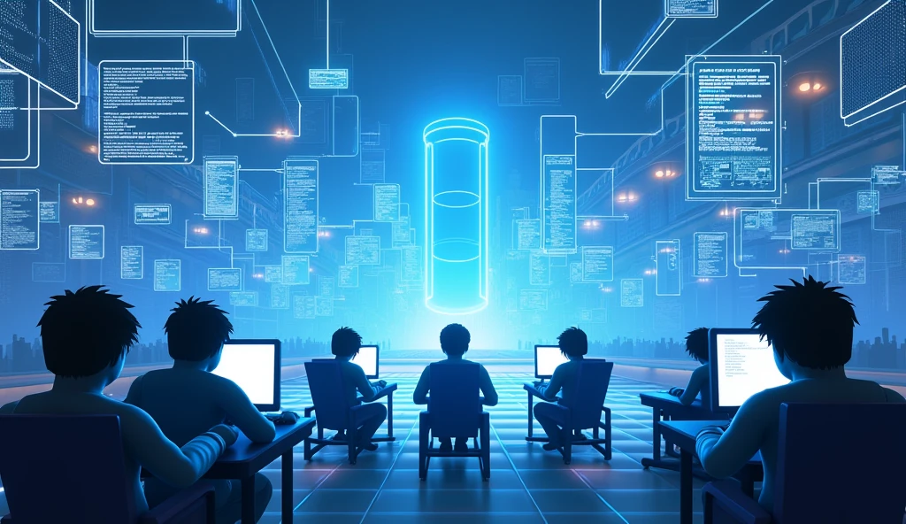 Créez une image représentant un fond inspiré de l'univers de Roblox avec un thème de développeur. Le décor doit être centré autour du métavers, avec des éléments modernes et futuristes, principalement dans des tons de bleu. Incluez des hologrammes, des interfaces utilisateur flottantes, et des lignes de code qui défilent en arrière-plan. Ajoutez des silhouettes ou des avatars de développeurs travaillant sur des consoles ou des ordinateurs, intégrant l'aspect créatif de Roblox. L'ambiance générale doit évoquer l'innovation et la technologie avancée, tout en restant dans l'esprit ludique de Roblox.