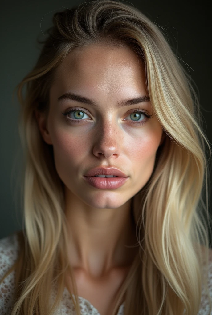 Visage de jolie fille, yeux verts, blonde, origine suédoise, cheveux long, visage carré avec une mâchoire un peu prononcée, seule, ne portant rien, visage tournée vers la caméra, regard vers la caméra, visage dégagé, 23 ans
