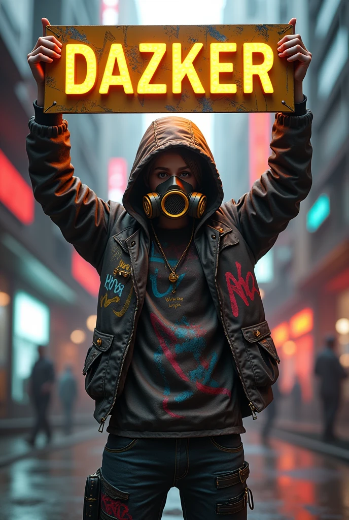 Gamer avatar wallpaper holding a gold sign with the word DAZKER and wearing graffiti jacket with a toxic gas mask in 3D style