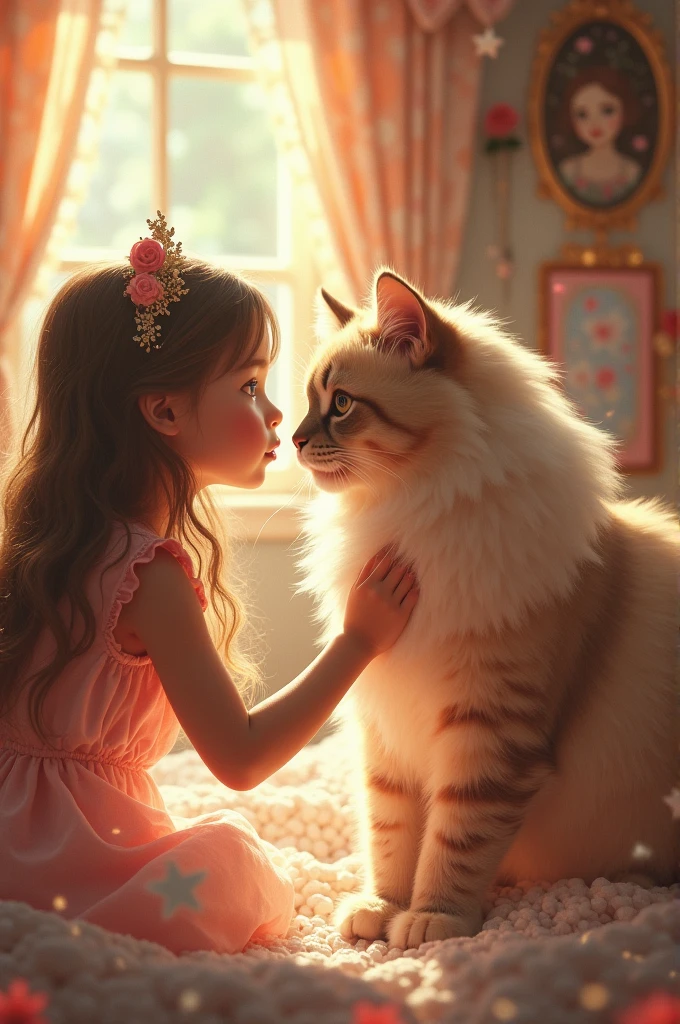 A girl, beautiful fluffy cat, bidding, Idyllic, magic scene, beautiful room , (Best Quality, 4k, 8k, High resolution, masterpiece:1.2), ultra detailed, (realist, photorealist, photo-realist:1.37), warm lighting, vibrant colors, soft focus, Fairy tale, dreamer, cozy, adorable, Beautiful, Capricious, fancy, charming, sereno, peaceful, innocent, comforting, Imaginative