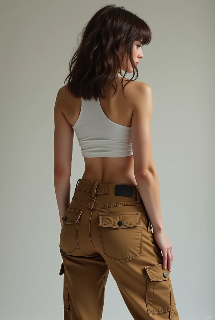 Real girl HD short hair in brown cargo pants, full body and showing all her ass