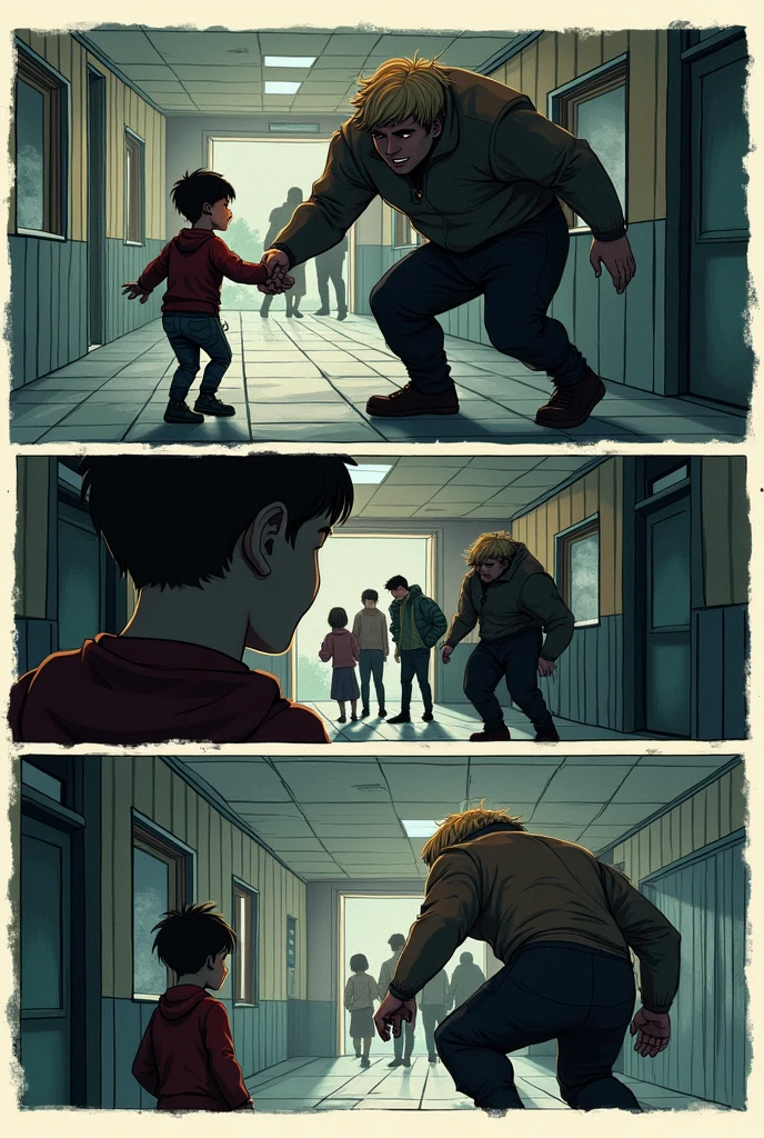 I need you to create the images for a comic strip about a bullying situation that doesn't have text.