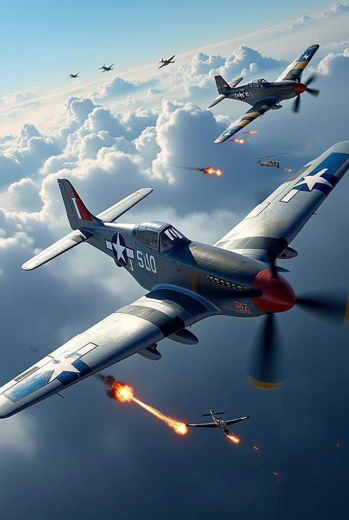 Epic Air Battle: A blue sky streaked with smoke trails as WWII fighter planes engage in fierce battle. A P-51 Mustang fires its machine guns at a German Messerschmitt in mid-flight, with clouds and explosions in the background. "hyper realistic"