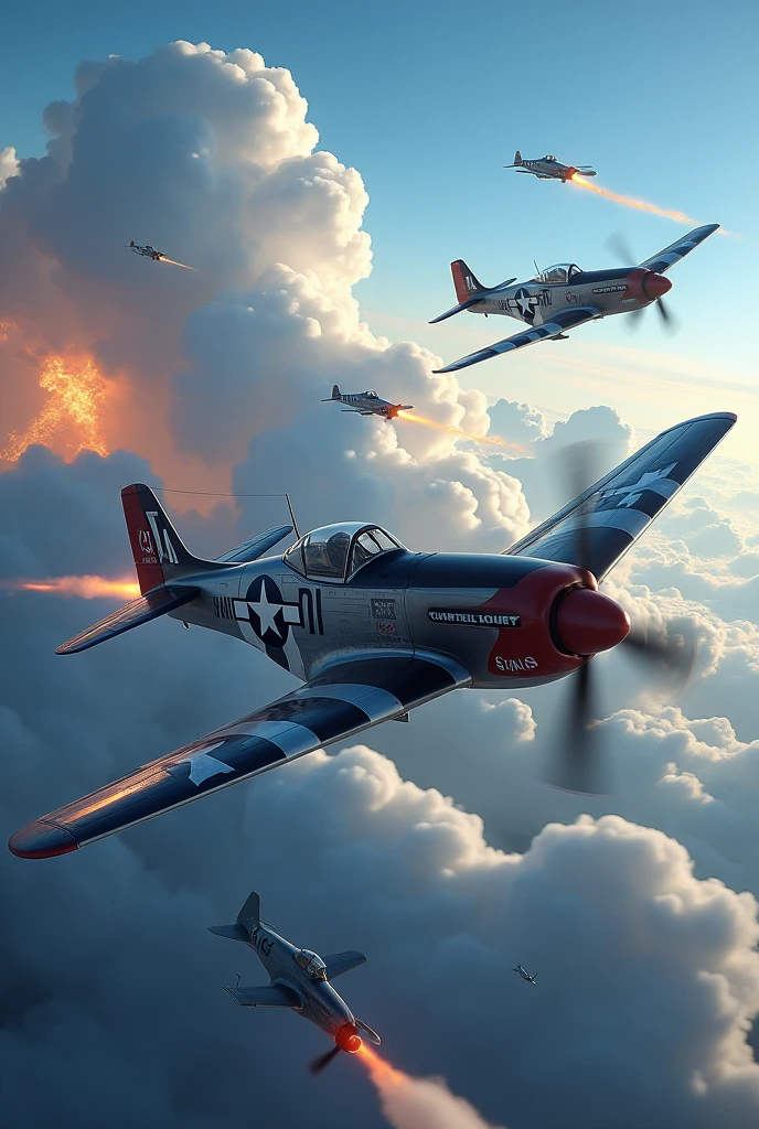 Epic Air Battle: A blue sky streaked with smoke trails as WWII fighter planes engage in fierce battle. A P-51 Mustang fires its machine guns at a German Messerschmitt in mid-flight, with clouds and explosions in the background. "hyper realistic"