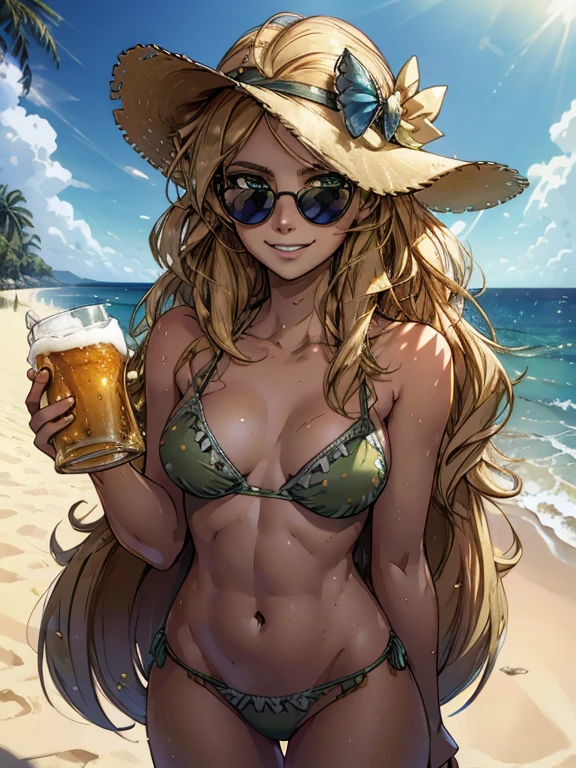 (best quality:1.3), (4K quality),masterpiece, best quality, high res, detailed, (Detailed face:1.2), (Detailed eyes:1.2), (4K quality), mature and alluring woman in her mid-thirties, 5 feet 2 inches, long blonde hair, wavy hair, (emerald eyes), (tan-olive skin), ((slim, petite)), her breasts are C-cup, green bikini, sunglasses, looking at viewer, holding a beer can, serious, grin, blush, standing, outside, beach, ocean, blue sky, highest quality, ultra-high resolution, absurdity, realistic, physically based rendering, cinematic lighting, complex and cinematic appearance, cinematic soft light, soothing tone, high quality, masterpiece, cowboy shot, dynamic angle, portrait,