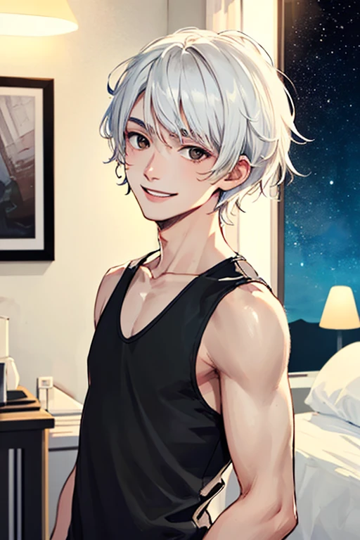 ((masterpiece)), (((best quality))), chromatic lighting,
colorized, white + black limited color palette,
detailed concept drawing,
in a bedroom, at night, no weird object on his face,
portrait, 25yo 1guy, slender, tanktop, short white hair, black eyes, smiling