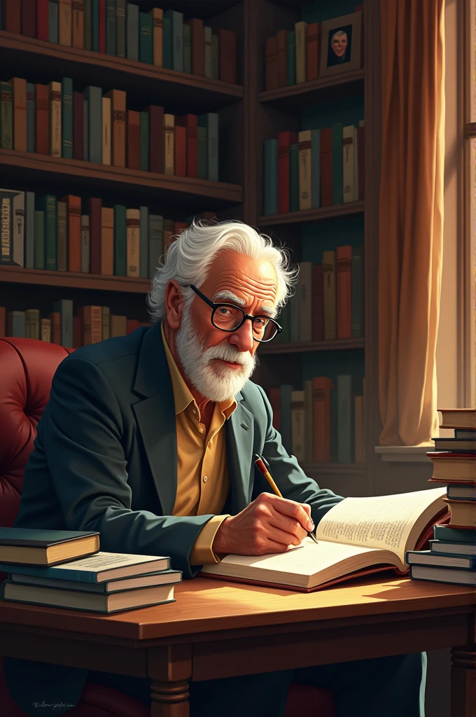 Description: Carl is in a library or in his room, surrounded by books. The animation shows him reading intensely, turning pages and jotting down ideas. Images of people who have maintained their youthful spirit despite their age are highlighted.