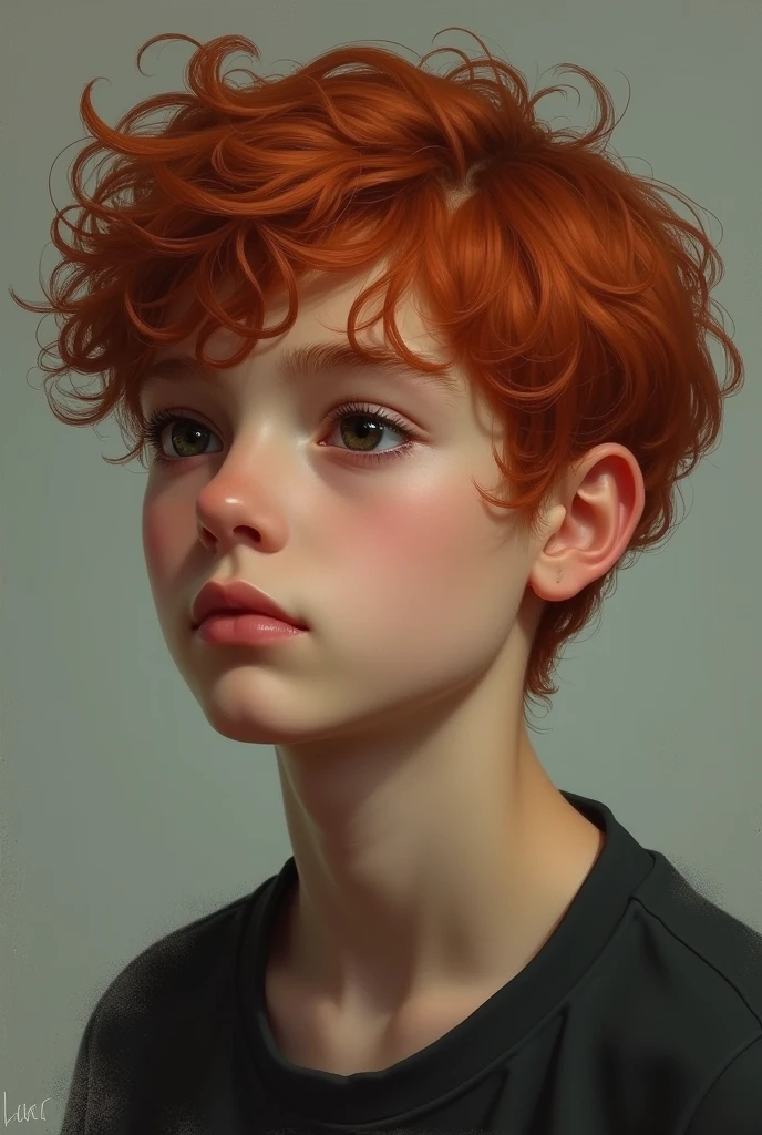Seventeen year old boy. She has curly red hair and black eyes in a realistic style.