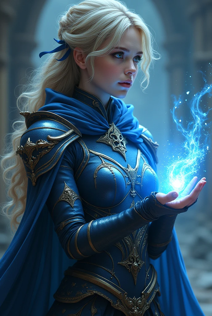 A 30-year-old warrior magical girl with dark blonde hair and dark armor and golden and luminous eyes, with luminous blue long strings stretching out from her fingers and looking to the right.
