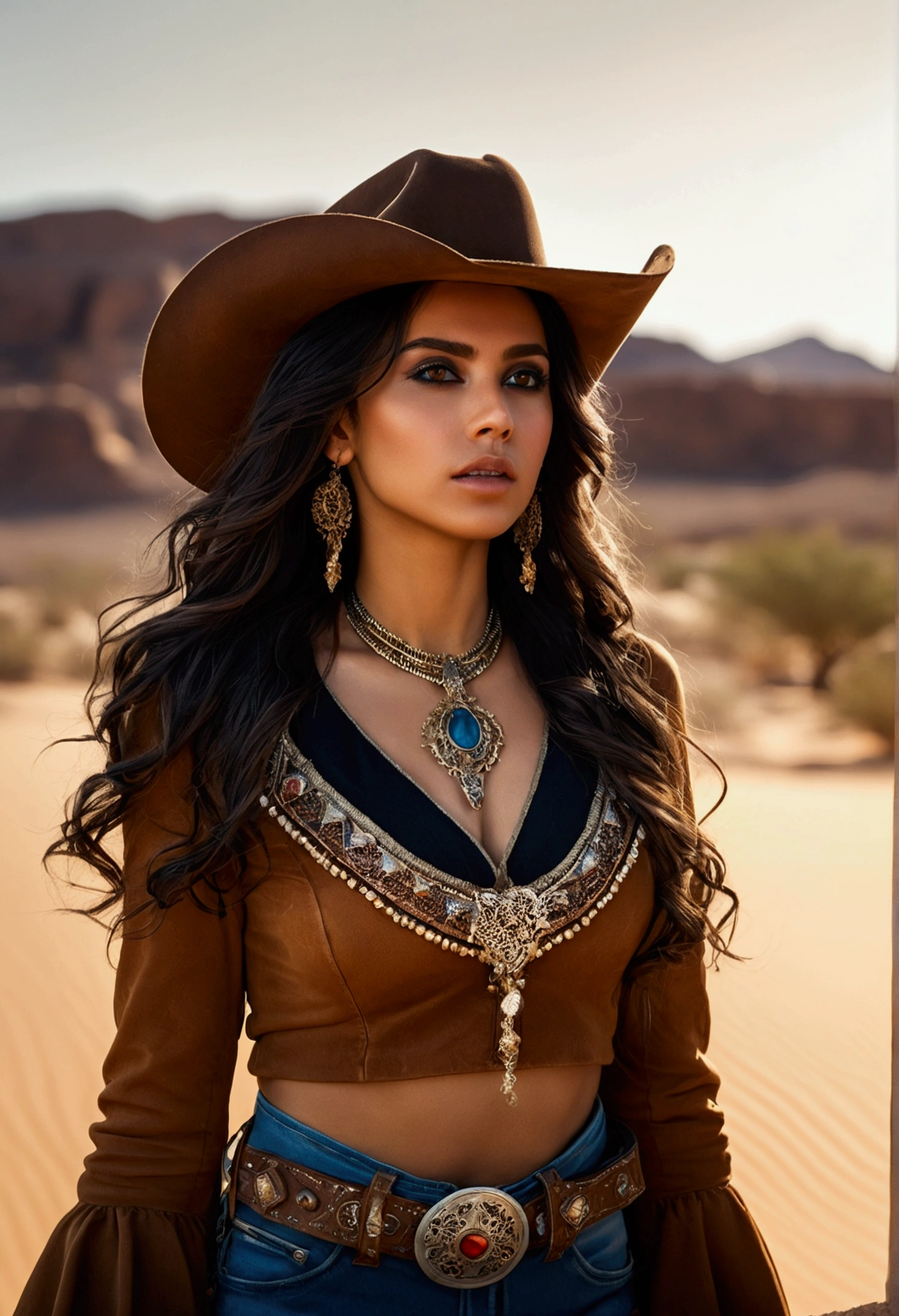 (work of art:1.2), (best qualityer,:1.2), 8k, HDR, ultra detaild, ((photorrealistic)), professional light, cinematic lighting, fashion shooting, ambient lighting, Atmospheric effects, Bridgette, aretes, dark make-up, Long messy hair, ((cowboy shot)), in a fantasy sandy desert, vestindo uma intrincada armadura Arabic, Arabic, FanDe, epic photo