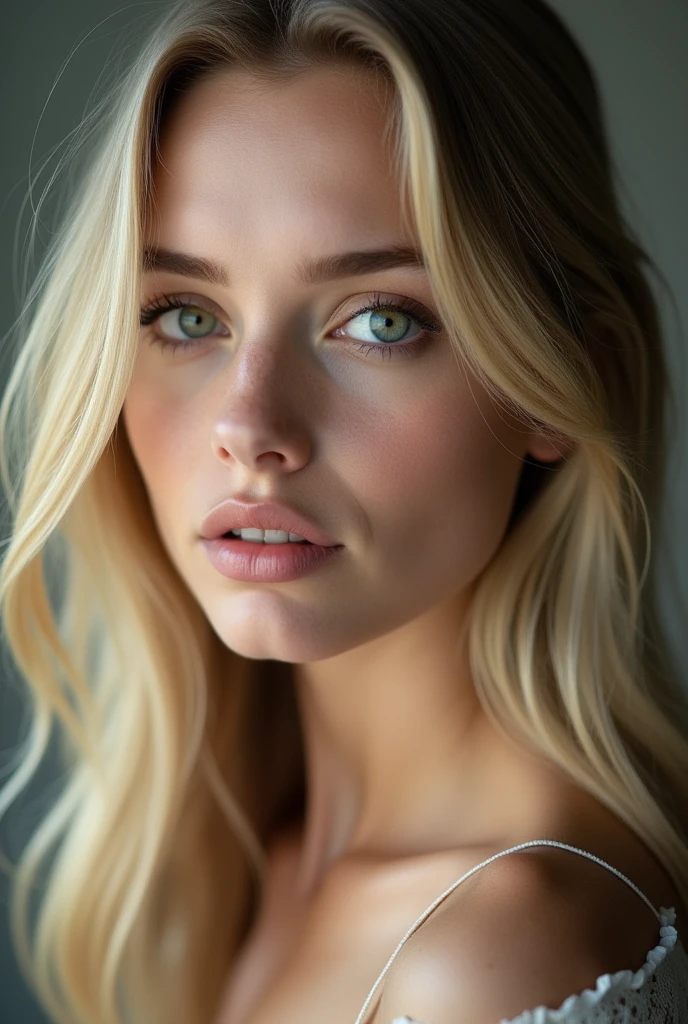 Visage de jolie fille, yeux verts, blonde, origine suédoise, cheveux long, seule, ne portant rien, visage tournée vers la caméra, regard vers la caméra, visage dégagé, 23 ans