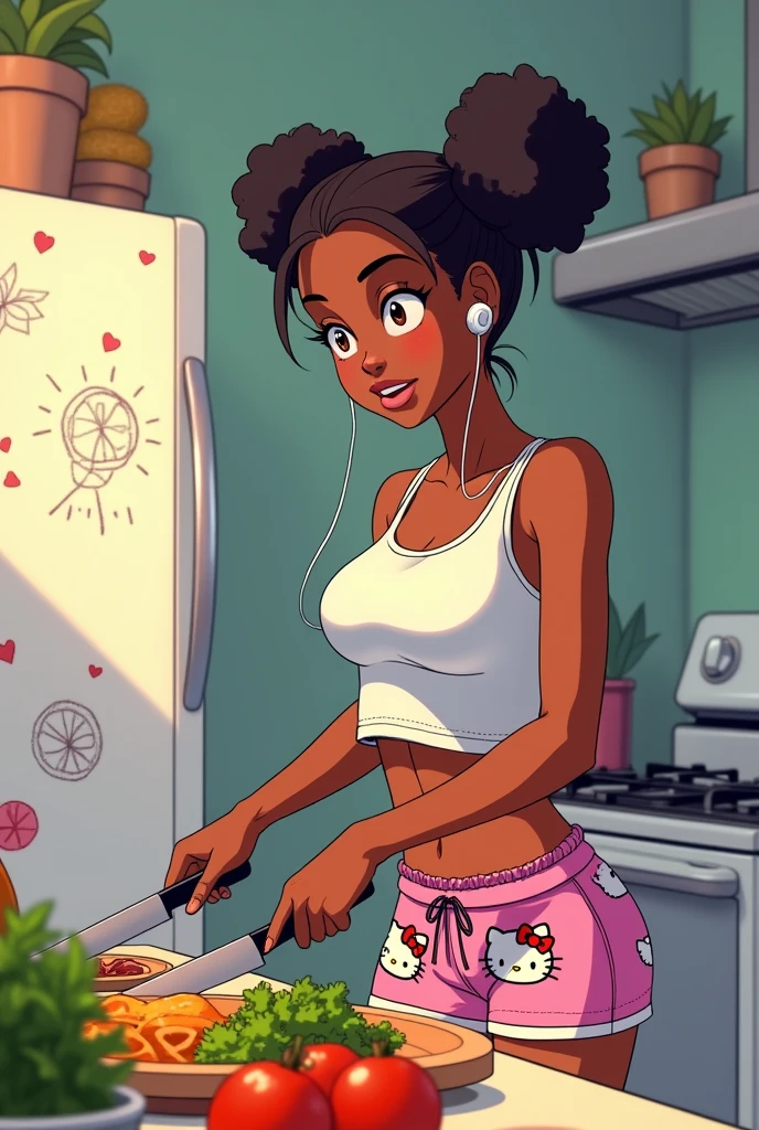 A black woman with her hair in two puffs listening to music with airpods singing wearing hello kitty pjs cropped tank top and shorts standing in her kitchen cooking food, consulting,holding a knife and cutting vegetables in her kitchen with a fridge
with little drawings pasted on it with a stove in in the background along with cupboards ,ingredients scattered on the counter anime style