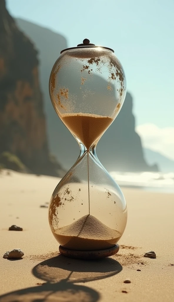 on a deserted beach, an old hourglass.