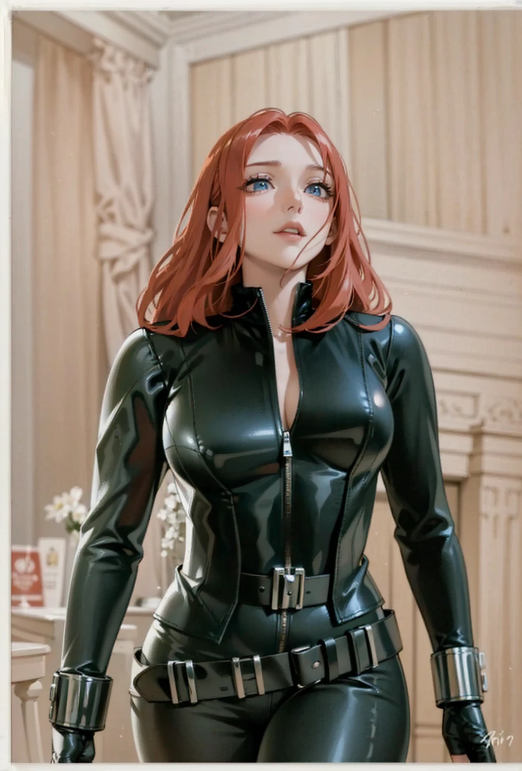 The image is a digital illustration of a red-haired girl clad in a sleek skin-tight shiny black latex bodysuit with a deep-cut zipper neckline revealing a large chest. The suit is complemented by her iron wrist guard on both wrists and a leather belt with silver detail around her waist. She is wearing gloves. She appears with a cute smile on her face. Her blue eyes are intently looking to the side. The background hints at a cityscape, contributing to an urban feel. The overall aesthetic includes warm tones that may impart a welcoming ambiance.