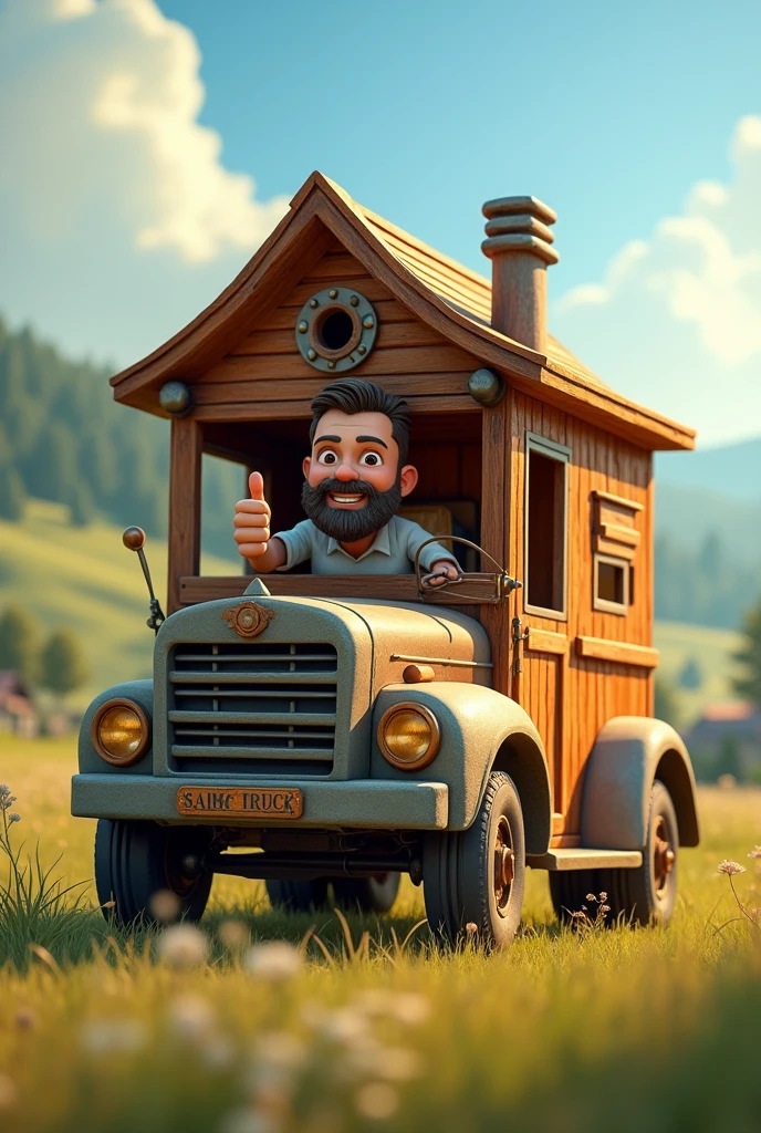 a truck with a house-shaped cabin, with bearded driver giving a thumbs up through the window.