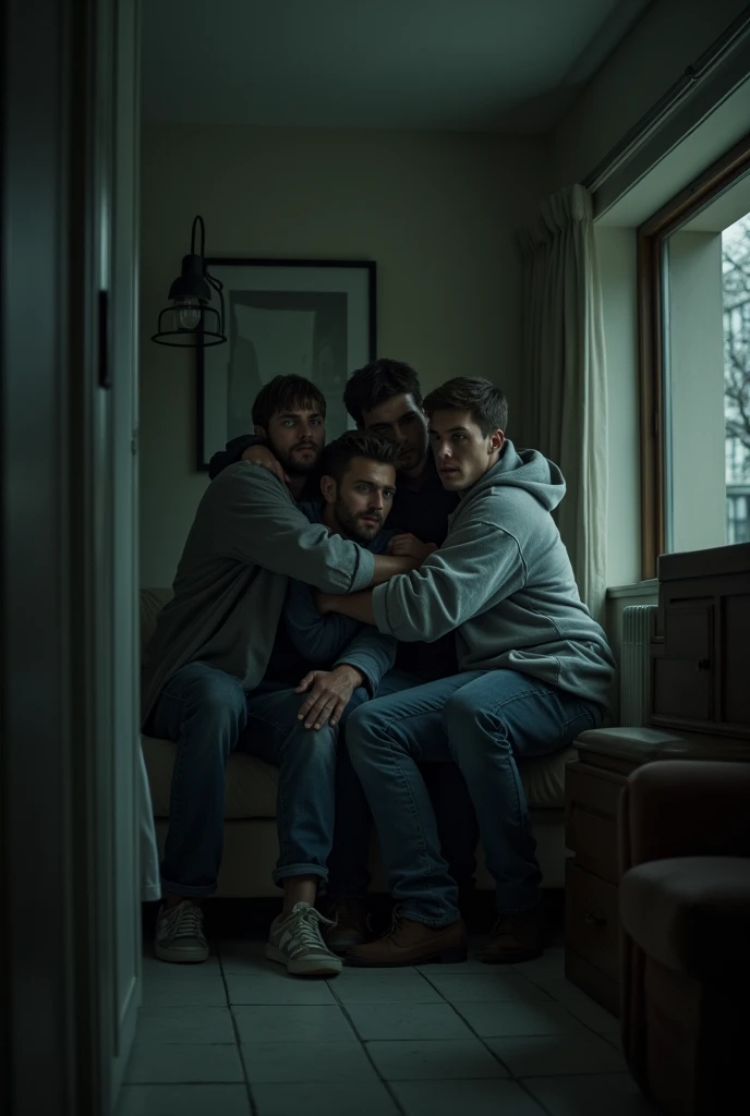 A picture of a group of young men inside a hotel room, feeling cold and scared.