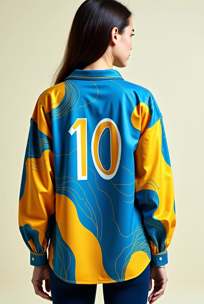 "Draw the back of a midi shirt. The shirt has a predominantly blue base with abstract patterns in yolk yellow and orange.. Details include wavy lines and circular elements distributed throughout the shirt.. The collar and sleeve edges are finished in egg yolk yellow.. The style must be modern and dynamic, reflecting the vibrant design of the front of the shirt, not including logos, texts or other more modern style additional symbols." Back of the shirt with the number ten