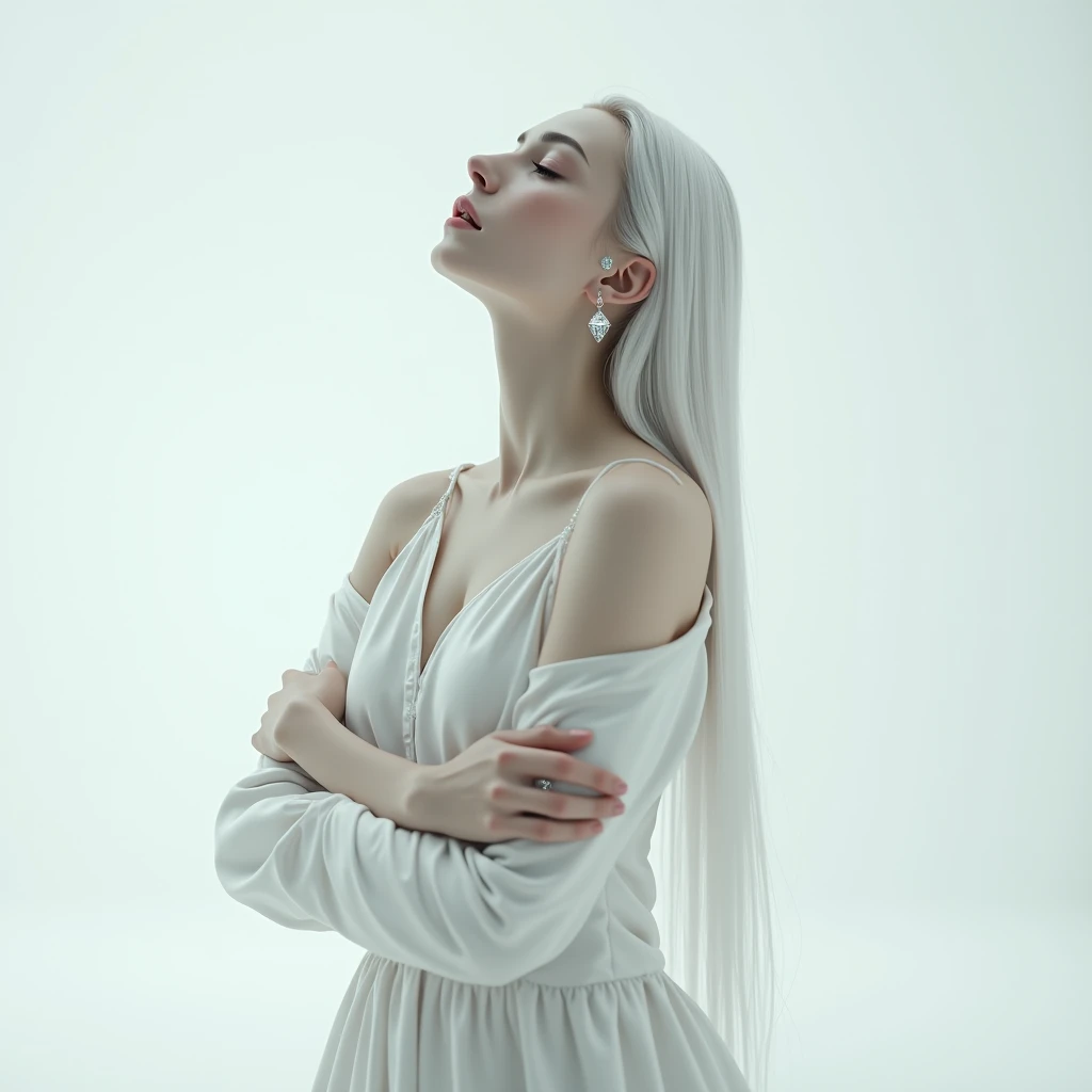 | A woman with long, straight white hair slicked back,| I want her without eyebrows in a very alternative setting,wearing a white silk dress,She gives a pose like She is hugging herself,| She will look up and a diamond tear will fall from her eyes,| I want the pearl white background,| I want her to be beautiful and for the image to convey an air of melancholy.