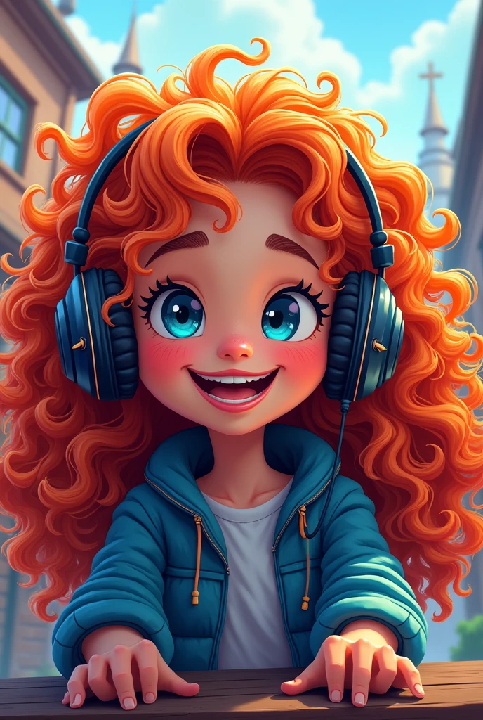 Cartoon character 1 long curly hair with gamer headphones