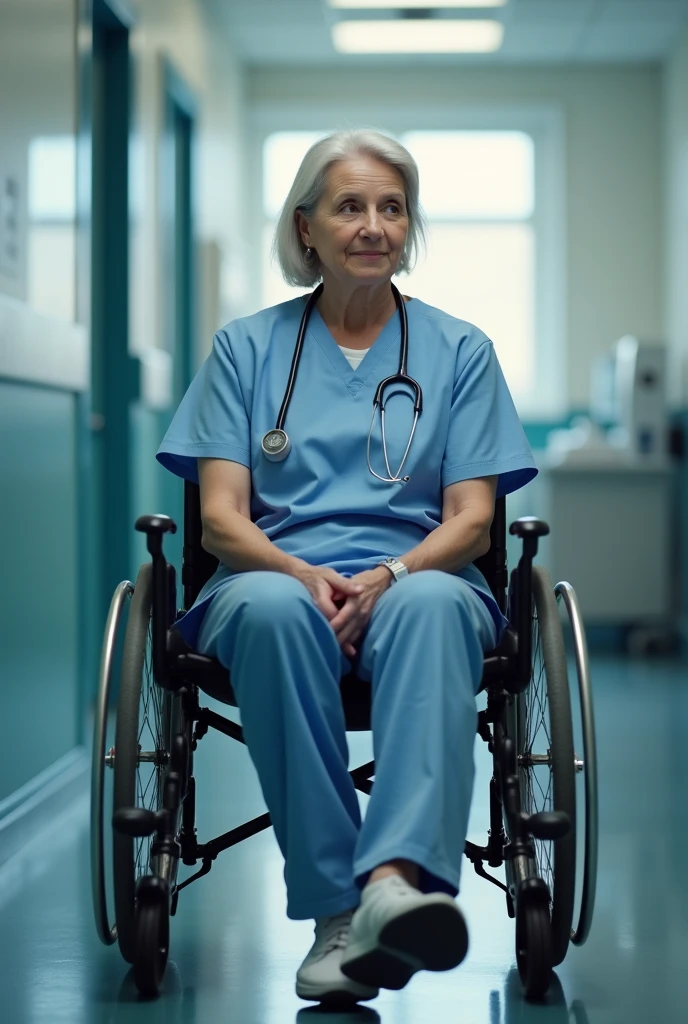 Nurse sitting in wheelchair without right leg