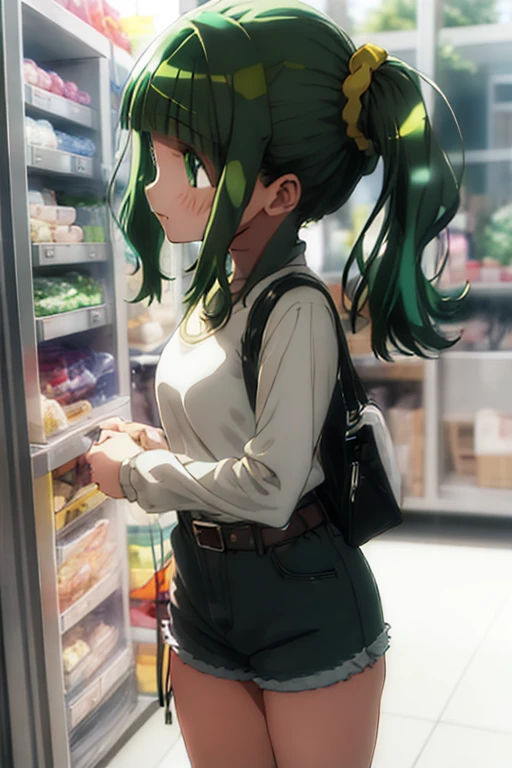 best quality, masterpiece, highres, solo, bangs, sidelocks, blunt_bangs, twintails, green_hair, wavy_hair, medium_hair, green_eyes, hair_ornament, blush, dot_nose, closed_mouth, aqua_hair, scrunchie, yellow_scrunchie, hair_scrunchie, 1girl, looking_at_viewer, white shirt, belt, denim_shorts, shorts_rolled