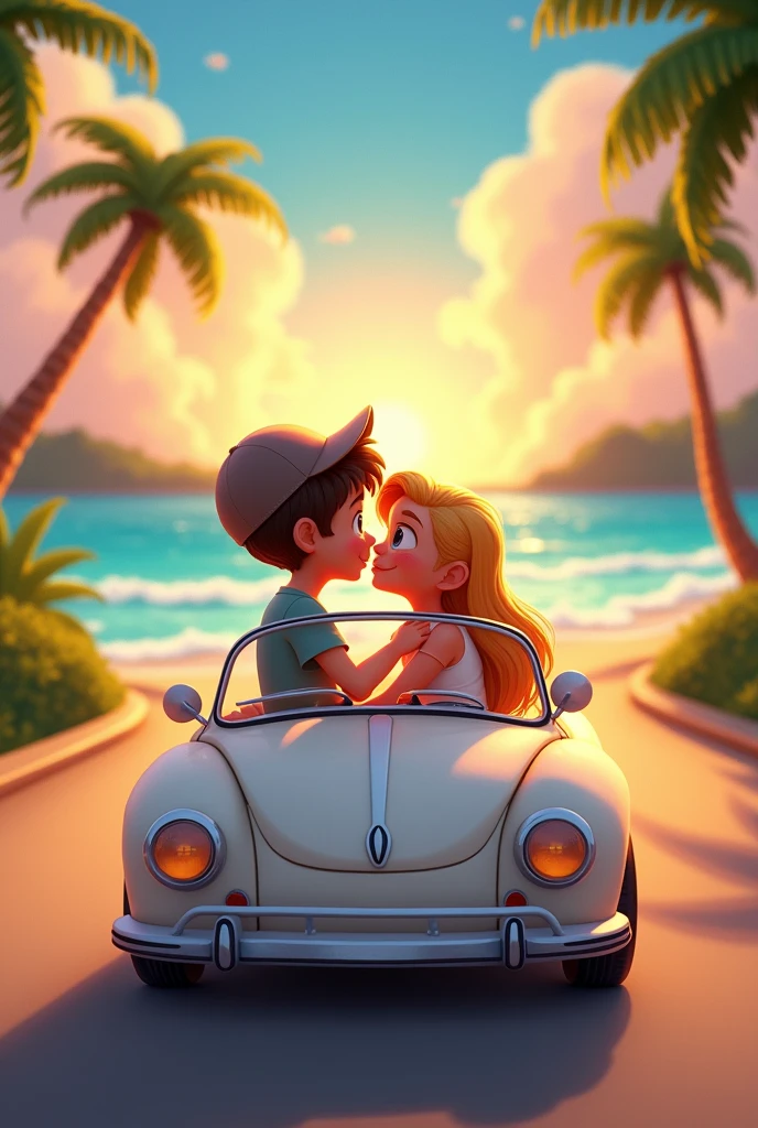 A white car with a boy wearing a cap and a mole on his cheek and a blonde girl kissing inside, traveling along a road next to the sea, with palm trees around and a sunset, all this to look animated