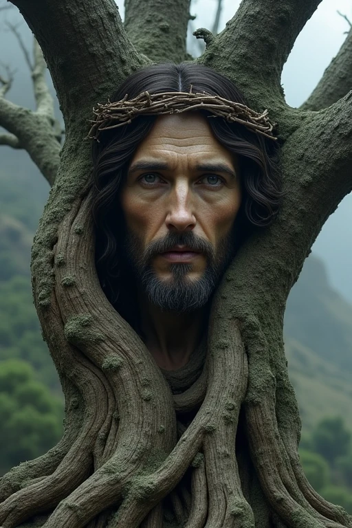 Draw the face of Jesus Christ on a tree