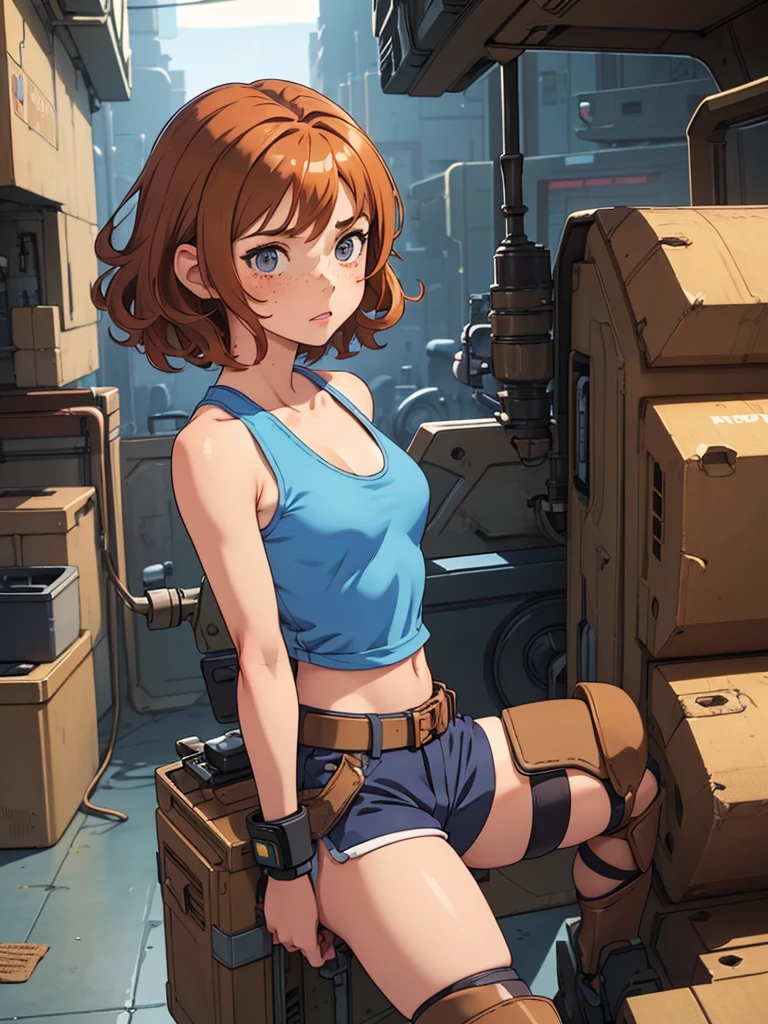(masterpiece), (best quality), ((one girl)) copper hair,(brown eyes),short hair, curly hair, anime style, freckles, (small breast), (petite figure), blue tank top, knee pads, legs, (desert background)), cyberpunk jacket, knee guard pads, (almond eyes) , tan skin