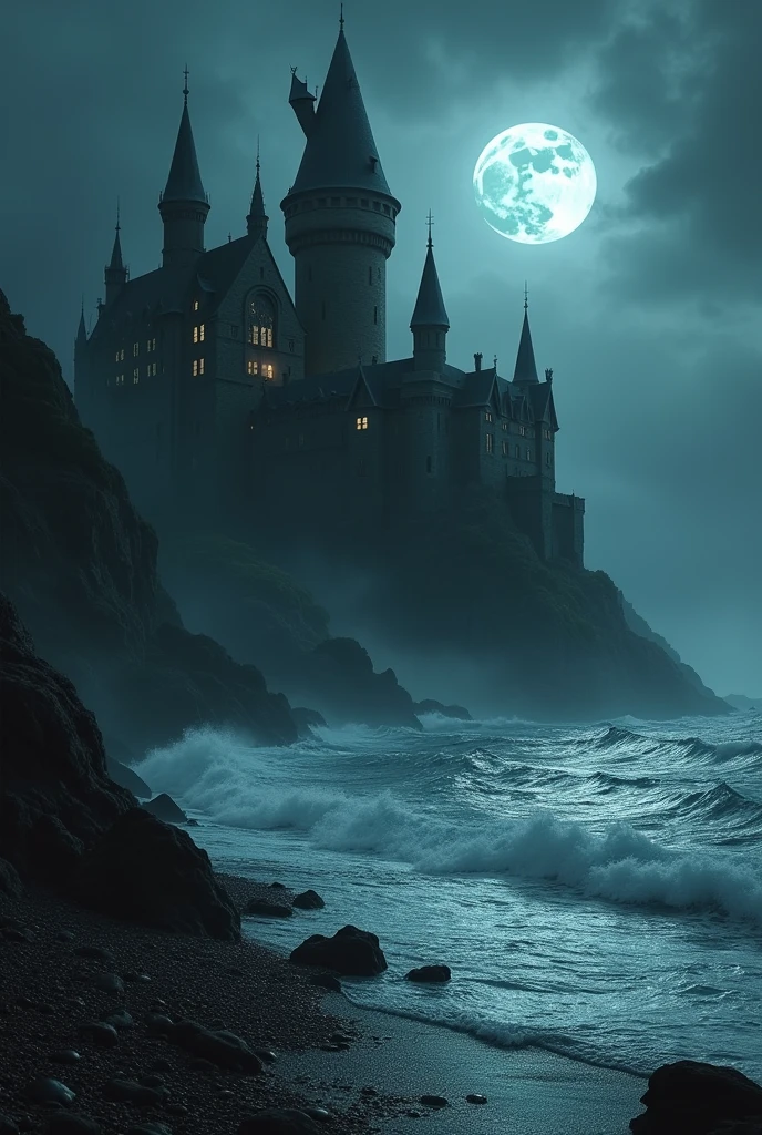 dark magic academy, like addam's family, like hogwarts, dark waters, ominous,massive castle, stocky built, high walls, by a dark beach, pirates of the caribbean