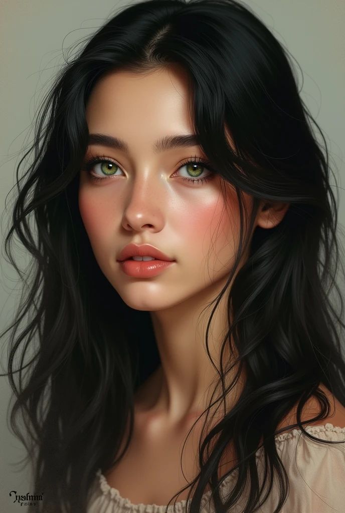 Girl green eyes black hair realistic 