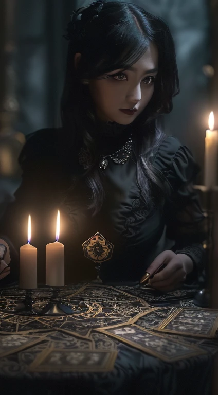 (masterpiece, High resolution:1.3), (Portrait photo of woman in dark and mysterious environment:1.2), (Sony Alpha 1 Camera, Known for capturing excellent detail and low-light performance:1.2), (Combined with Sony FE 24-70mm f/2.8 GM lens for versatile and sharp composition:1.2), (A woman surrounded by an aura of mystery and intrigue:1.1), (Her dark outfit and mysterious expression add to the atmosphere.:1.1), (Sony Alpha 1 Camera capturing the intricate textures and subtle shades in the low-light setting:1.2), (Table decorated with tarot cards, Spread in a mysterious way:1.1), (Flickering Candle, casts shadows that dance across the room:1.1), (dim lighting creates an atmosphere of secrecy and mystery:1.1), (The woman's eyes were focused on the card., As if seeking answers from the unknown:1.1), (Nearby crystal balls, exuding a mysterious atmosphere:1.1), (symbols of astrology and esoteric knowledge adorn the space:1.1), (The smell of incense floating in the air, Enhance the sensory experience:1.1), (Photos that capture women's spiritual connection and mystical aura:1.1), (A moment frozen in time, Capture the intense and introspective atmosphere of fortune-telling:1.1), (Images that invite the viewer into a world of magic and spiritual insight, Intriguing and intriguing:1.1), Cinematic, Ultra-detailed, Insane Details, Beautiful color gradation, Unreal Engine, Depth of written boundary, Super Resolution, Megapixels, Cinematic Lightning, Anti-aliasing, FKA, Thai, RTTX 10.0, SSAO, Post-processing, Post-production, Tone Mapping, CG, Visual Effects, Special effects, Highly detailed and exquisite, Hypermaximalist, Ultra-realistic, Volumetric, Realistic, Ultra Photorealistic, Very detailed, Intricate details, 8k, Very detailed, Full Color, Volumetric lightning, High resolution, Realistic, Unreal Engine, 16K, Sharp focus, Octane Rendering, Looking at the camera, center