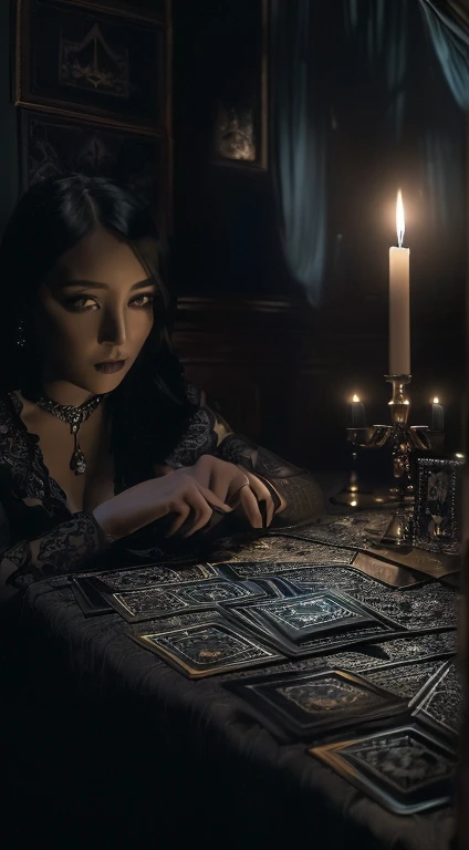 (masterpiece, High resolution:1.3), (Portrait photo of woman in dark and mysterious environment:1.2), (Sony Alpha 1 Camera, Known for capturing excellent detail and low-light performance:1.2), (Combined with Sony FE 24-70mm f/2.8 GM lens for versatile and sharp composition:1.2), (A woman surrounded by an aura of mystery and intrigue:1.1), (Her dark outfit and mysterious expression add to the atmosphere.:1.1), (Sony Alpha 1 Camera capturing the intricate textures and subtle shades in the low-light setting:1.2), (Table decorated with tarot cards, Spread in a mysterious way:1.1), (Flickering Candle, casts shadows that dance across the room:1.1), (dim lighting creates an atmosphere of secrecy and mystery:1.1), (The woman's eyes were focused on the card., As if seeking answers from the unknown:1.1), (Nearby crystal balls, exuding a mysterious atmosphere:1.1), (symbols of astrology and esoteric knowledge adorn the space:1.1), (The smell of incense floating in the air, Enhance the sensory experience:1.1), (Photos that capture women's spiritual connection and mystical aura:1.1), (A moment frozen in time, Capture the intense and introspective atmosphere of fortune-telling:1.1), (Images that invite the viewer into a world of magic and spiritual insight, Intriguing and intriguing:1.1), Cinematic, Ultra-detailed, Insane Details, Beautiful color gradation, Unreal Engine, Depth of written boundary, Super Resolution, Megapixels, Cinematic Lightning, Anti-aliasing, FKA, Thai, RTTX 10.0, SSAO, Post-processing, Post-production, Tone Mapping, CG, Visual Effects, Special effects, Highly detailed and exquisite, Hypermaximalist, Ultra-realistic, Volumetric, Realistic, Ultra Photorealistic, Very detailed, Intricate details, 8k, Very detailed, Full Color, Volumetric lightning, High resolution, Realistic, Unreal Engine, 16K, Sharp focus, Octane Rendering, Looking at the camera, center