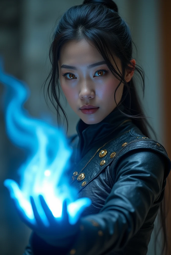 A 30-year-old warrior magical Asian girl with dark blonde hair and black armor and golden and luminous eyes, with luminous blue long strings stretching out from her fingers and looking to the right.