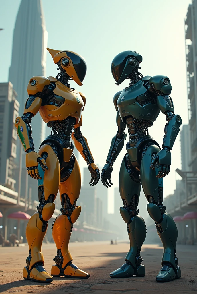Two humanoid robos , one representing Brazil and the other the USA, disputing world hegemony