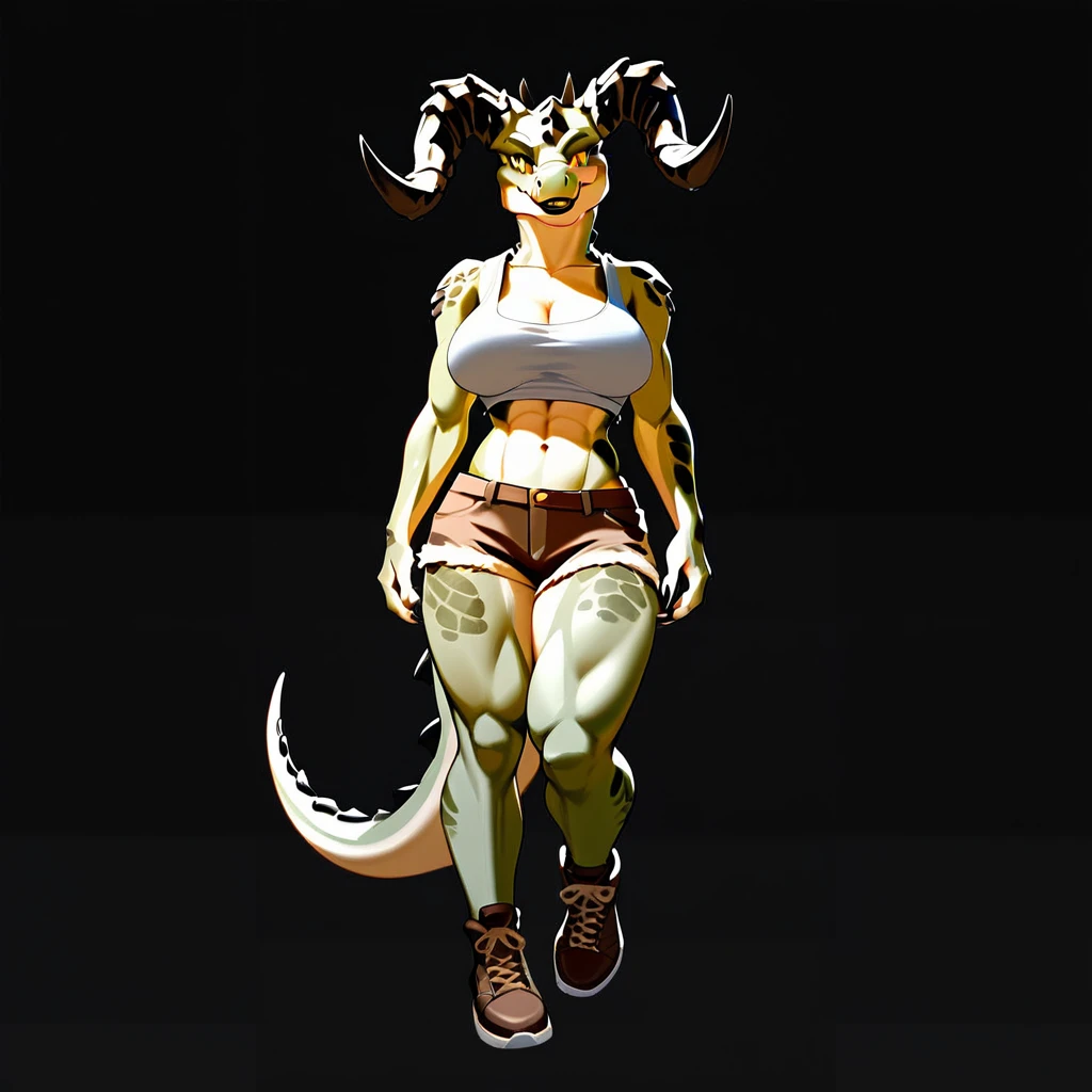 (((Masterpiece))), ((4k)), (best body), Solo, score_9,score_8_up,score_7_up, kemono style, Anthro deathclaw from fallout, Anthro reptile girl, snout, green scaled skin, gold eyes, black lips, black horns, black ram horns, athletic body, smiling, wearing brown laced tank top, pov, pov she is holding viewers face, pov she is holding viewer, simple grey background
