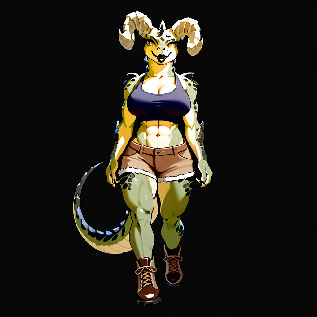 (((Masterpiece))), ((4k)), (best body), Solo, score_9,score_8_up,score_7_up, kemono style, Anthro deathclaw from fallout, Anthro reptile girl, snout, green scaled skin, gold eyes, black lips, black horns, black ram horns, athletic body, smiling, wearing brown laced tank top, pov, pov she is holding viewers face, pov she is holding viewer, simple grey background 