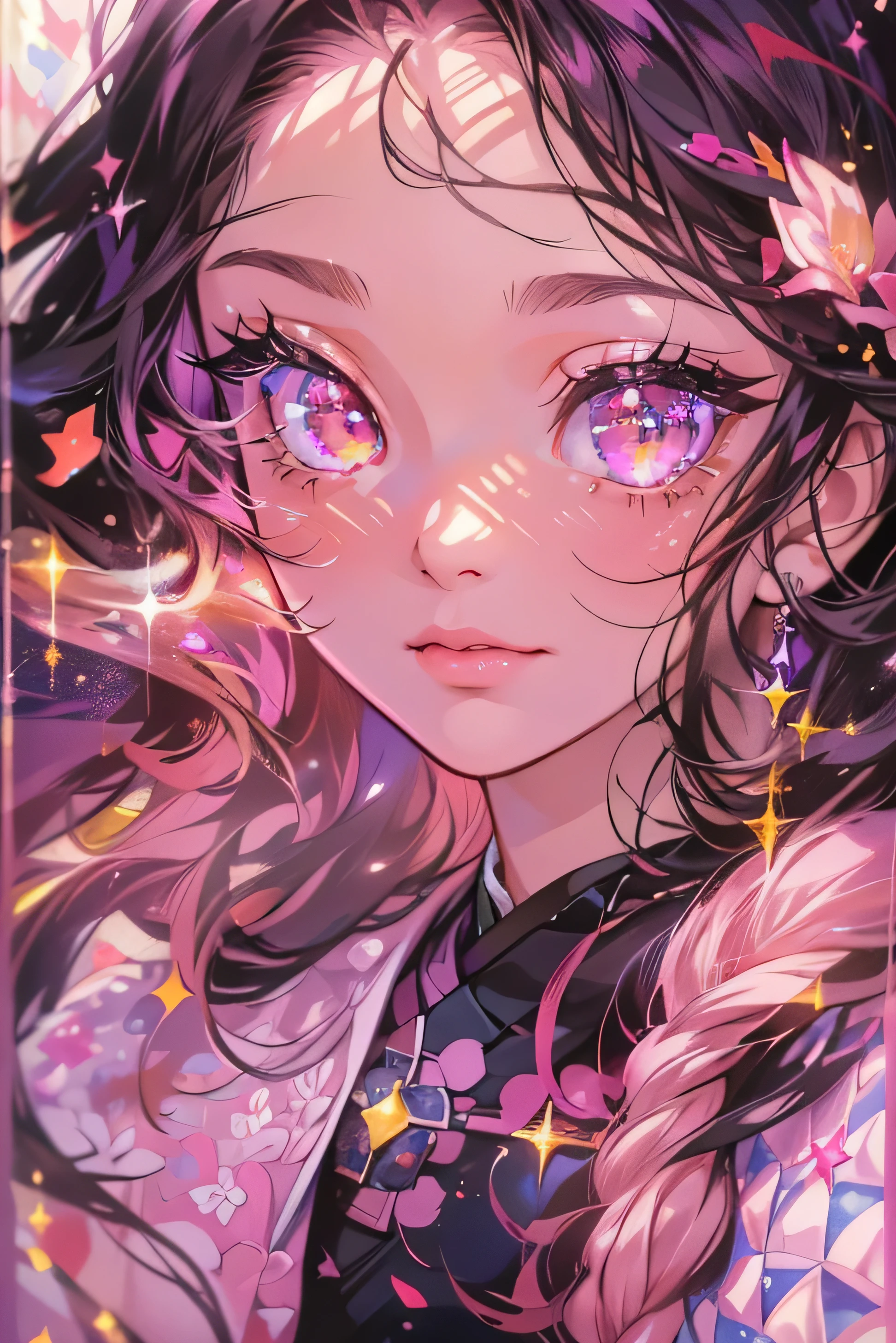 Nezuko from demon slayer. a young woman with long dark hair, (pink eyes), beautiful detailed eyes, beautiful detailed lips, extremely detailed face, longeyelashes, wearing a pink kimono, (best quality,4k,8k,highres,masterpiece:1.2),ultra-detailed,(realistic,photorealistic,photo-realistic:1.37),digital painting,exquisite detail,intricate details,highly detailed,vivid colors,warm lighting,cinematic lighting,dramatic lighting, iridescence, dramatic angle, space, (floating colorful sparkles:1.3), Dramatic Lighting, Chiaroscuro, Evocative Depth, (detailed face Portrait), (extreme close up), Underwater effect, floral elements, zentangle 1.2, vivid pinks, pastel overload,
