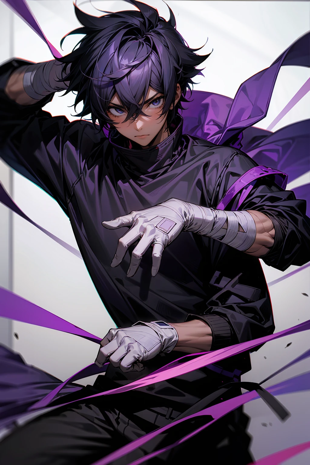 high quality, 1male, adult male, black eyes, black hair, medium length hair, darkskin, black bandages on arms, purple gloves, black and purple yukata, grey sweatshirt, serious