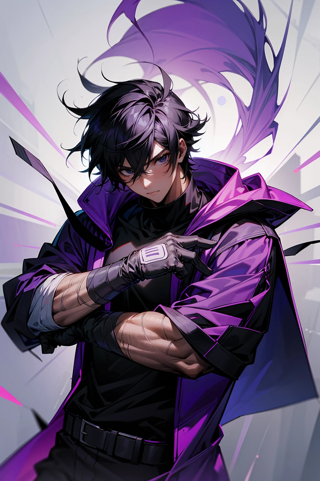 high quality, 1male, adult male, black eyes, black hair, medium length hair, darkskin, black bandages on arms, purple gloves, black and purple yukata, grey sweatshirt, serious