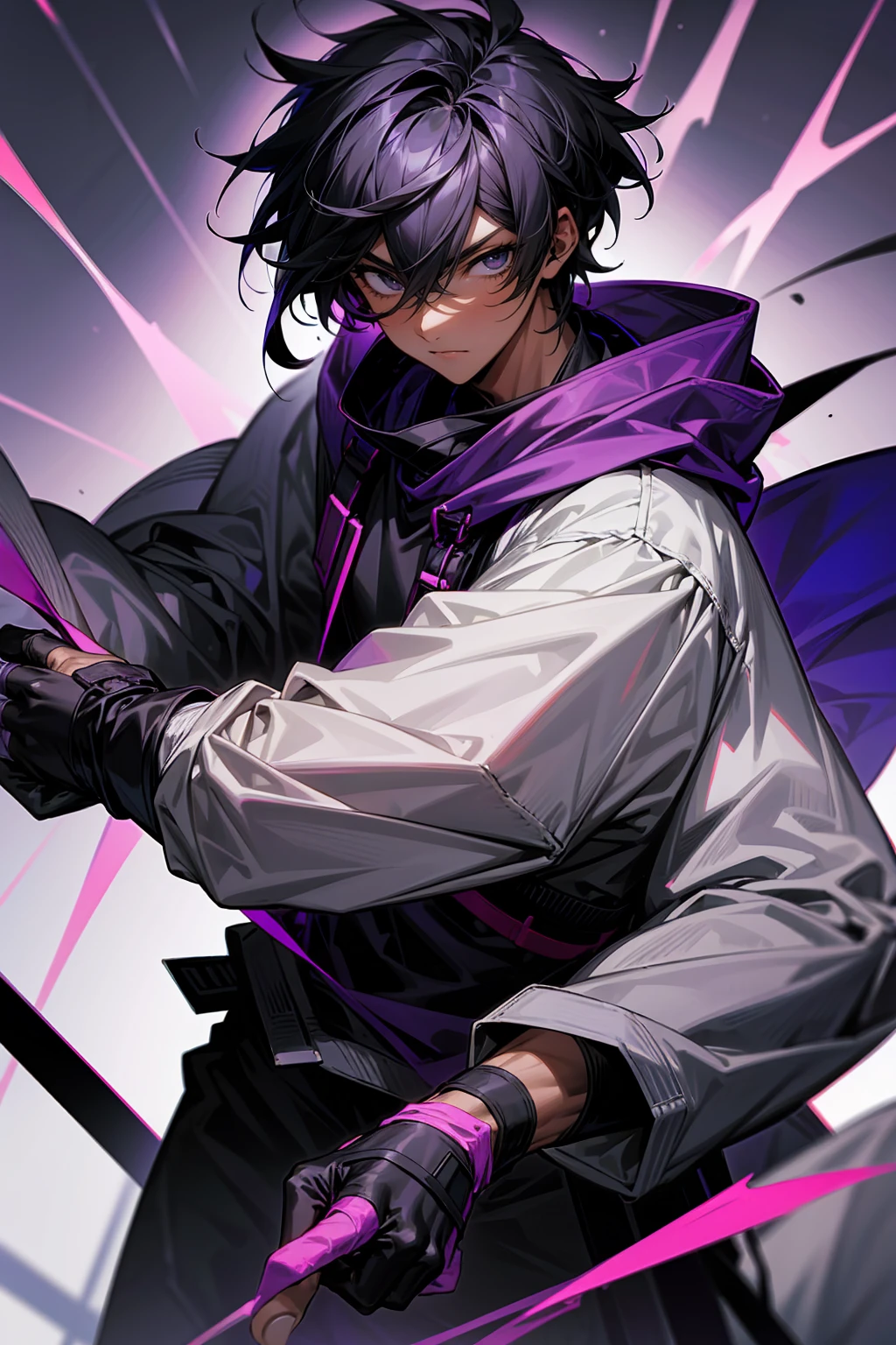 high quality, 1male, male, black eyes, black hair, medium length hair, darkskin, black bandages on arms, purple gloves, black and purple yukata, grey sweatshirt, serious