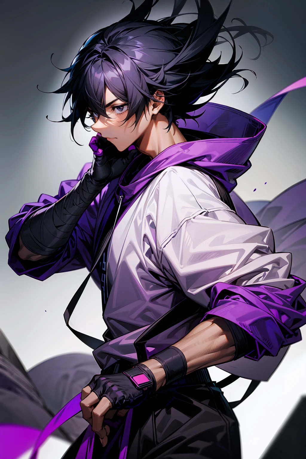 high quality, 1male, adult male, black eyes, black hair, medium length hair, darkskin, black bandages on arms, purple gloves, black and purple yukata, grey sweatshirt, serious