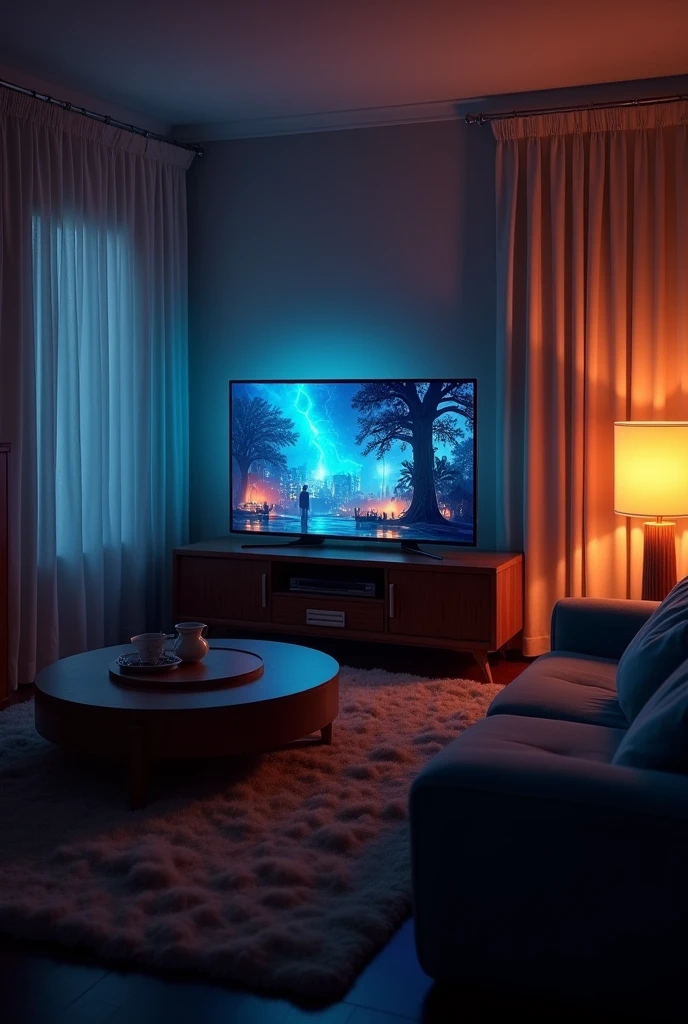 The living room with the lights dimmed and the curtains closed, with the Smart TV on screen showing a movie after activating the “Movie Time” routine.
