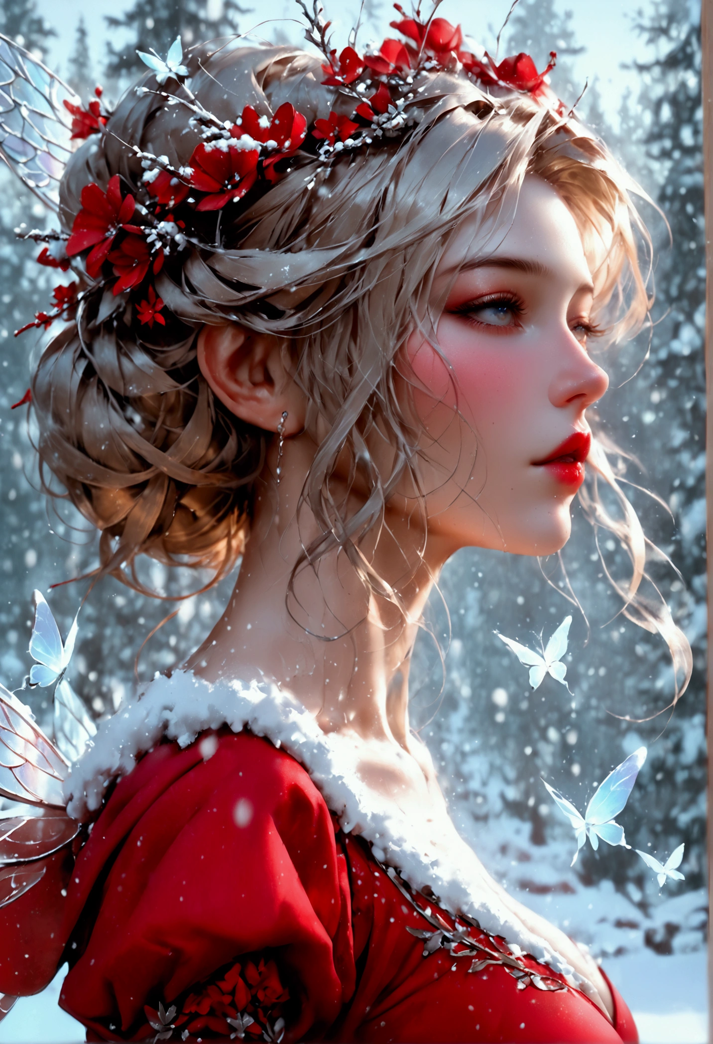 (oil painting art: 1.5) a most beautiful fairy playing in the snow, a beautiful fairy, ((full body shot: 1.5)), (best detailed face: 1.3), spread butterfly wings, dynamic hair color, dynamic hair style, busty, wearing red silk dress, intricate silk, wearing high heels boots, she is playing the snow, fresh snow in the forest, high snow, wide shot,  High Detail, Ultra High Quality, High Resolution, 16K Resolution, Ultra HD Pictures, Ultra Realistic, Clear Details, Realistic Detail, Ultra High Definition, DonMF41ryW1ng5XL, Cryptic Paladin 001