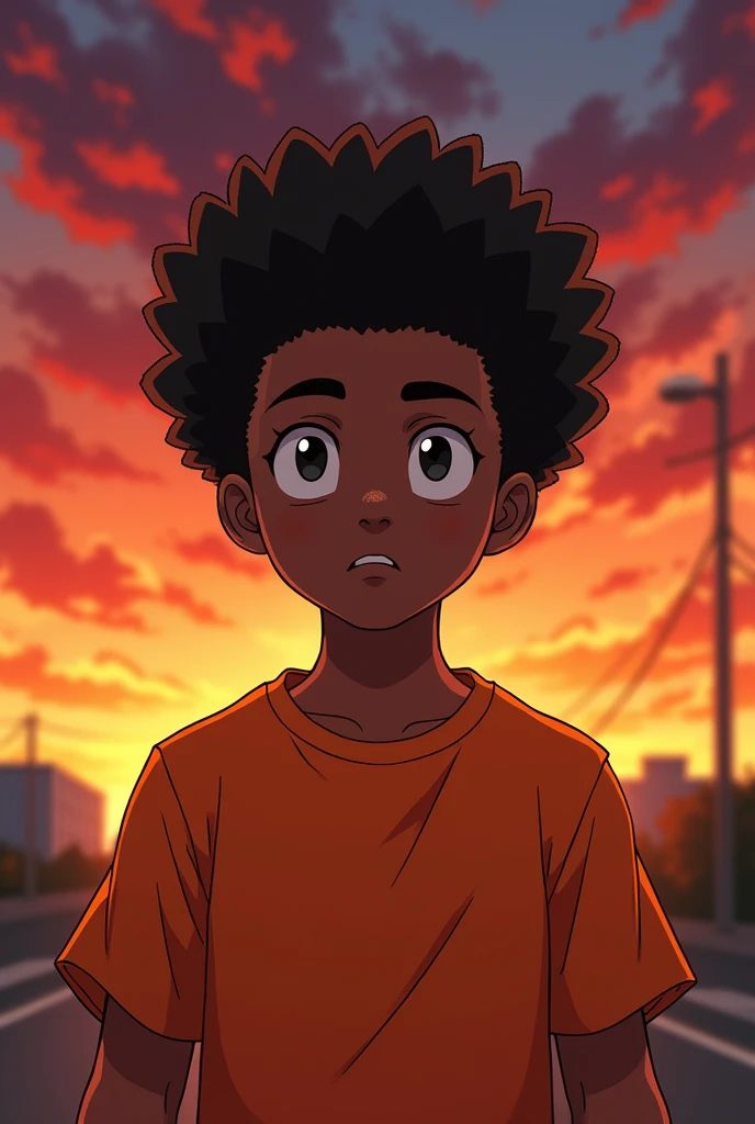 A young black man at sunset with an orange shirt anime version