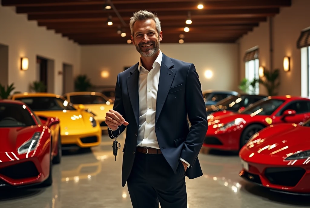 Man in a garage with luxury cars: A man stands in his personal garage, filled with luxury sports and classic cars. He holds the keys to a high-performance car while smiling at the camera, with the garage lighting highlighting the vehicles.