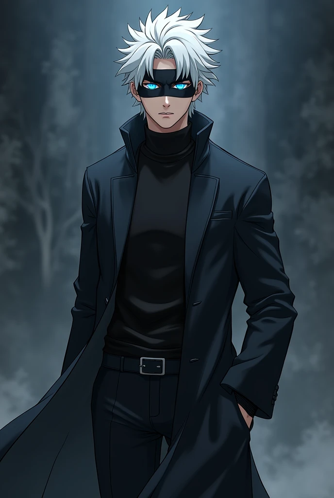 body hair: Gojo has white hair, which is spiky and a little messy. Your hair is one of your most distinctive features.eyeballs: His eyes are blue and, when he uses his powers, they become visibly brighter and more intense. Gojo is often depicted with a black bandage covering his eyes., which adds an element of mystery to your character.badass clothing: He wears a black uniform, which includes a high collar jacket and black pants. The jacket has a modern style and is often shown with the collar turned up..Physicist: Gojo is tall and has an athletic build., reflecting his rigorous training and exceptional combat skills. His physical appearance is imposing and confident..Accessories: Besides the black stripe over the eyes, Gojo doesn't wear many accessories, which highlights her clean and focused appearance in her main outfit.Expression and posture: He usually has a relaxed and confident expression., and his posture is often carefree, which reflects his confident attitude and his mastery of the jujutsu arts.