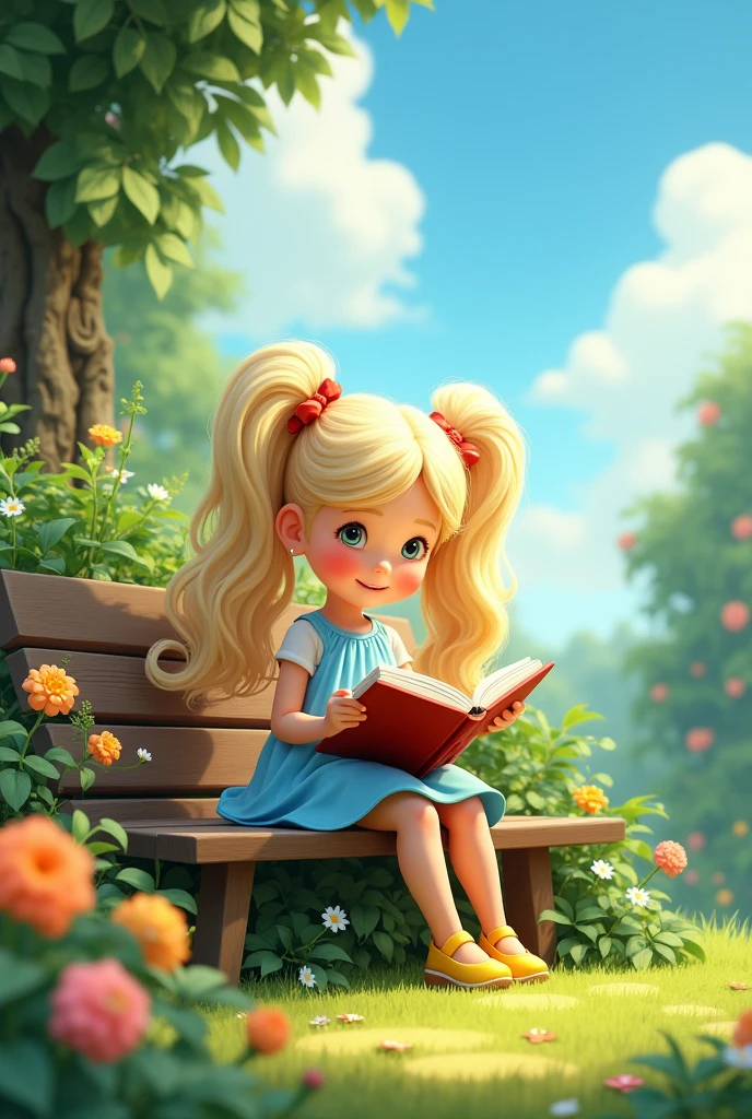 The  girl with long wavy light blonde hair in two high ponytails, wearing her light blue dress and yellow shoes, sitting on a wooden bench in the garden, calmly reading a storybook with a content smile.  https://www.seaart.ai/explore/detail/cr5okdle878c73de7n90